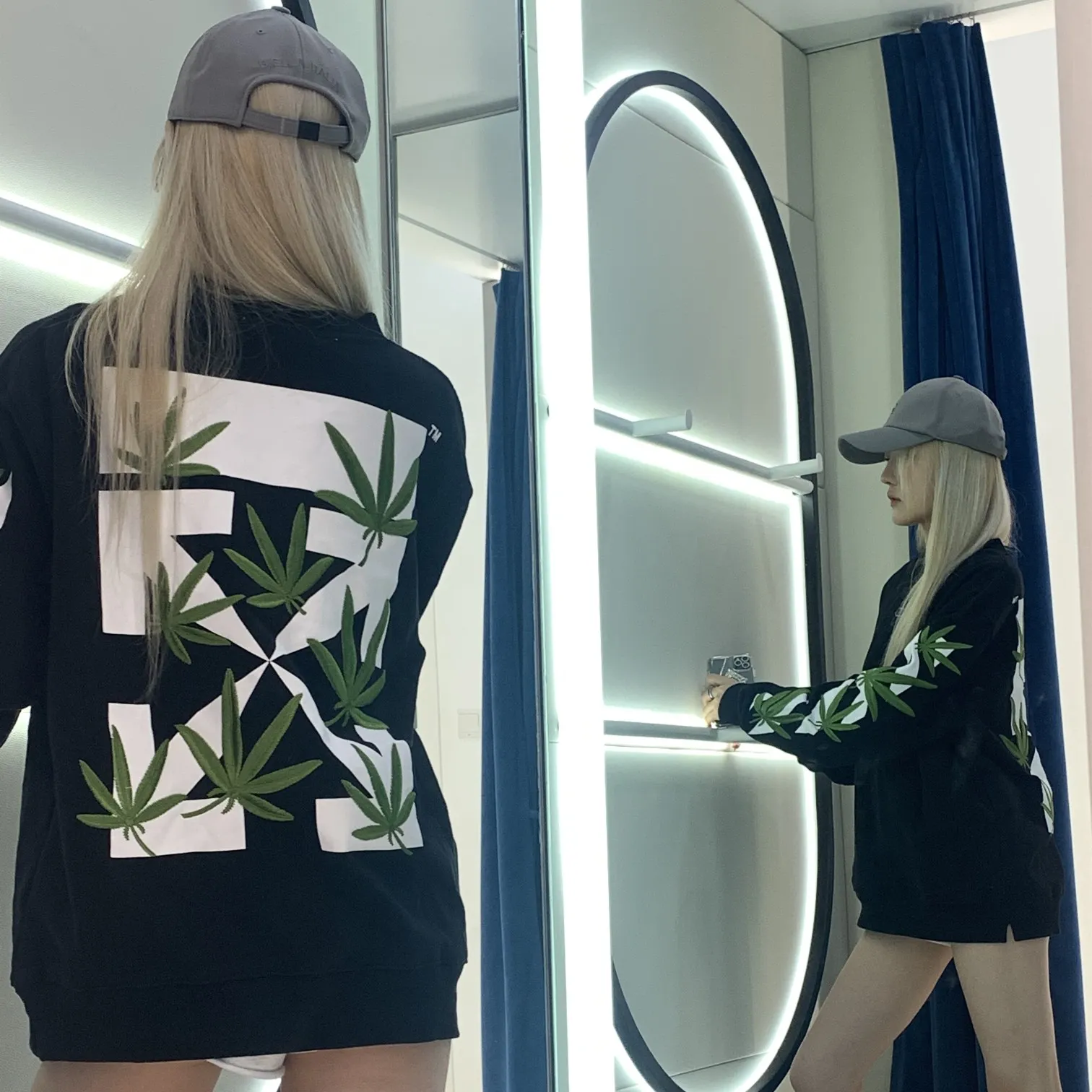 ♻️💯Refer to the model picture for the upper body❤️[New style] 22SS top version OFFWHITE OW lucky leaf embroidery print men and women couples the same trendy brand pure cotton loose autumn and winter round neck sweatshirt. This year's environmentally friendly series is indeed a bit interesting, all centered around plants. The combination of lucky leaves and arrows has a slightly fresh and artistic style. The front panel printing uses Tajima embroidery printing and superimposed embroidery technology, with a yellow background, a second layer of blue, and the last layer is purple OFF. The embroidery is raised and has a tactile feel. The arrows on the back are made using imported glue technology and then put on the embroidery machine. The printing is realistic and full. Ye Jing's expression is very obvious. Customized three-label auxiliary materials to perfectly restore ZP.  Color: black and white Size: XS-L P:410